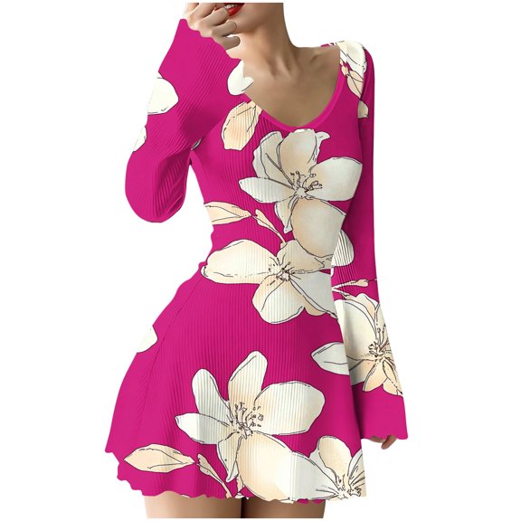 SMihono V-neck Pleated Dress Long Sleeve Elastic Waist High Waist Casual Dress Regular Thickness Hand Wash Suitable for All Seasons Women’s Fashion Everyday Wear Hot Pink S