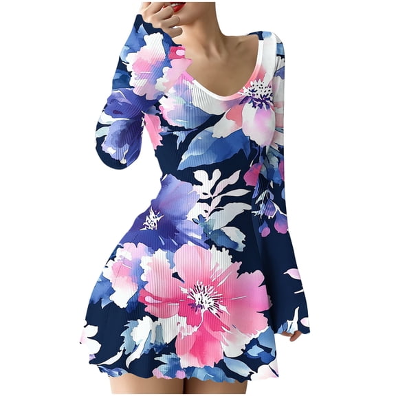 SMihono V-neck Pleated Dress Long Sleeve Elastic Waist High Waist Casual Dress for Women All Season Comfortable Fabric Ideal for Daily Wear Navy XXL