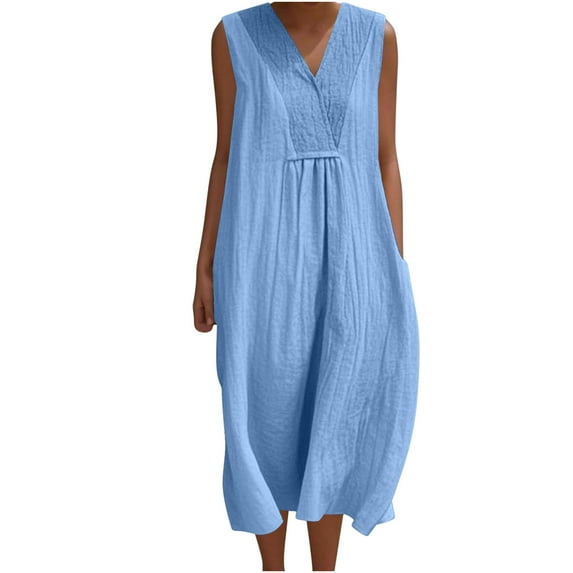 SMihono Vintage Cotton Linen Basic Tank Dress Women V Neck Sleeveless Midi Sundress Summer High Waist Casual Beach Dress with Pockets Blue S