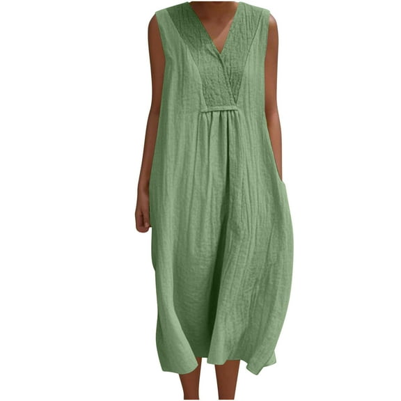 SMihono Vintage Cotton Linen Basic Tank Dress Women V Neck Sleeveless Midi Sundress Summer High Waist Casual Beach Dress with Pockets Green S