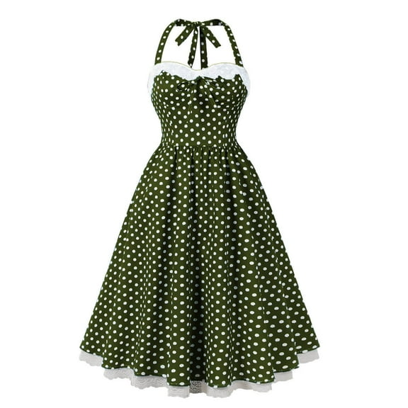 SMihono Vintage Women 1950s Rockabilly Swing Dress Polka Dot Pinup 50s Retro Hepburn Style Halterneck A-Line Dresses Army Green S
