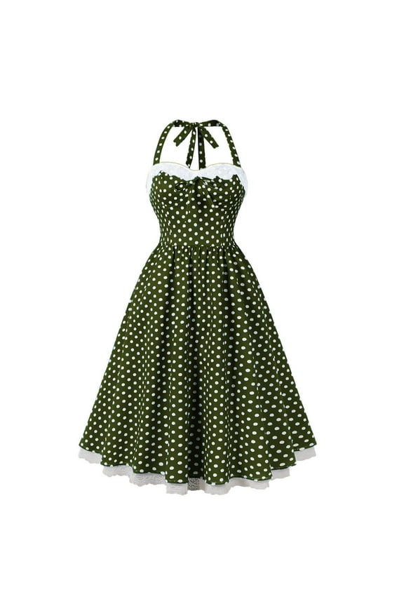 Vintage Women 1950s Rockabilly Swing Dress Polka Dot Pinup 50s Retro Hepburn Style Halterneck A-Line Dresses Army Green XL
