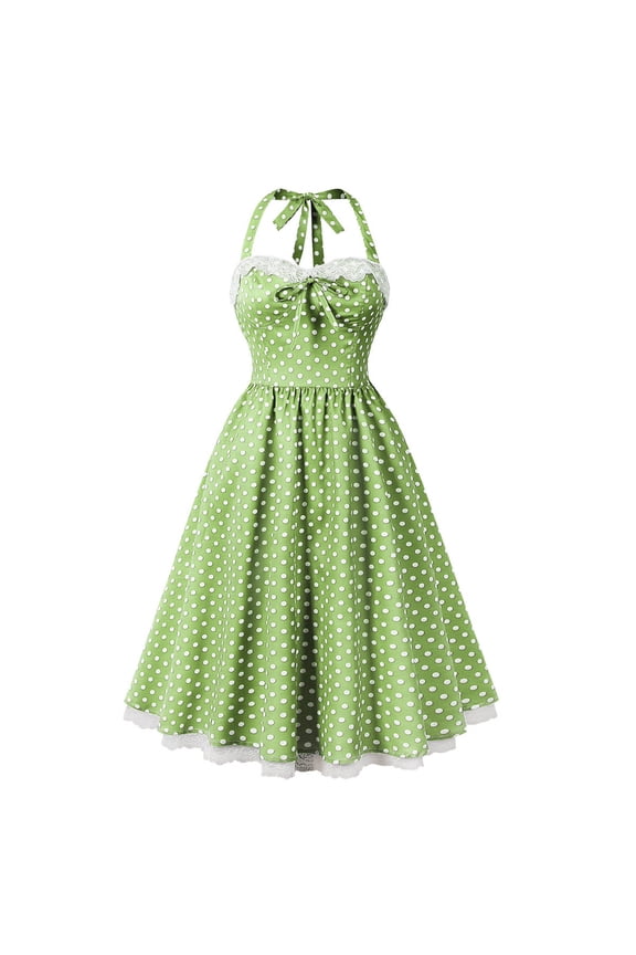 Vintage Women 1950s Rockabilly Swing Dress Polka Dot Pinup 50s Retro Hepburn Style Halterneck A-Line Dresses Green XL