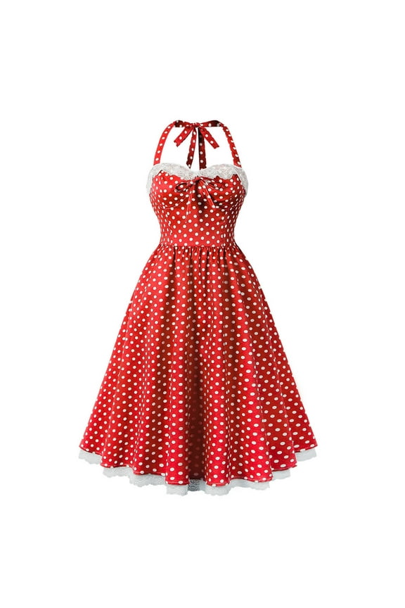 Vintage Women 1950s Rockabilly Swing Dress Polka Dot Pinup 50s Retro Hepburn Style Halterneck A-Line Dresses Red L