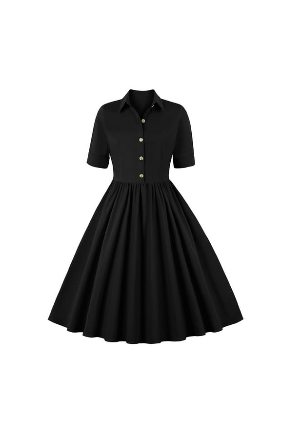 Waist Swing Long Dresses for Women Fashion Womens Skinny Slim Summer Retro Casual Pullover Solid Color Trendy Short Sleeve Button Lapel Neck Female Outwear Black M