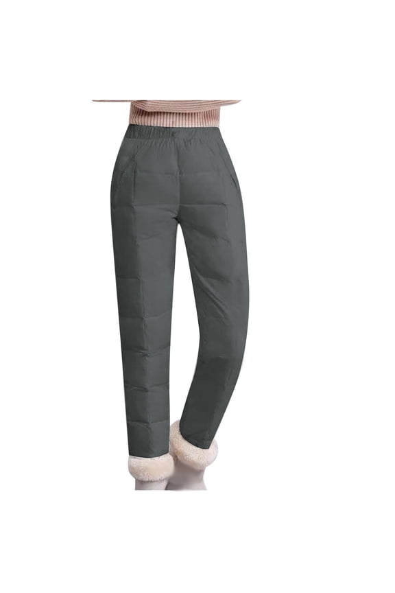 Winter Cotton Lined Down Pants for Women Thick Warm High Waist Long Quilted Pants Solid Outdoor Snow Pants Dark Gray 8