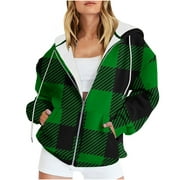 SMihono Winter Warm Clearance Young Ladies Long Sleeve Casual Outwear Coats Women's Plaid Loose Fitting Hoodie Sweater Top Long Jacket Green 14
