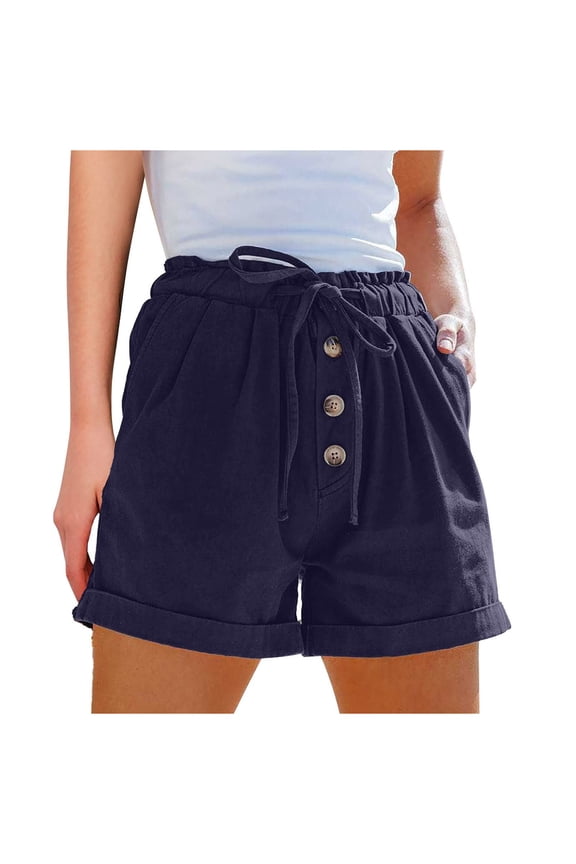 Woman Elastic Waist Cotton And Linen Button Solid Shorts Women's Pants Buttons Loose Casual Work Pants Elastic Waist Shorts Ropa Verano Going Out Bottoms Navy 10