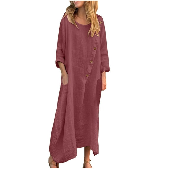 SMihono Woman Fashion Crew Neck Button Pocket Dress,Fashion Fall Solid Color Cotton Linen Loose Casual Vintage Dresses Female Wine XXL