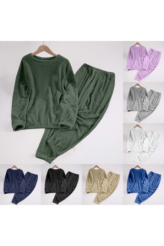 Women 2025 Fleece Pajamas Set Long Sleeve Lounging Warm Sleepwear High Elastic Crewneck Loungewear Sherpa Night Black L