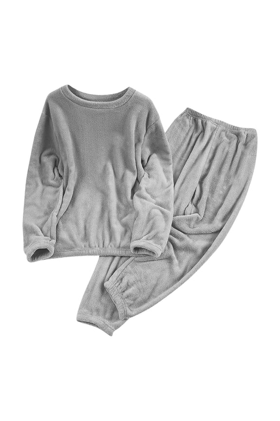 Women 2025 Fleece Pajamas Set Long Sleeve Lounging Warm Sleepwear High Elastic Crewneck Loungewear Sherpa Night Gray L