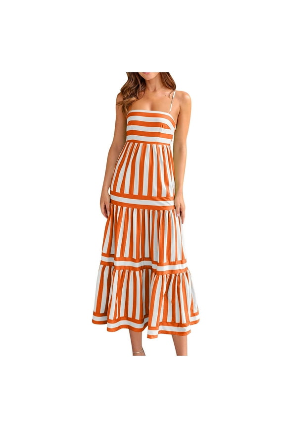 Women Boho Colorful Spaghetti Strap Dress Summer Vacation Beach Long Sun Dress Striped Flowy Cami Maxi Dress Orange S