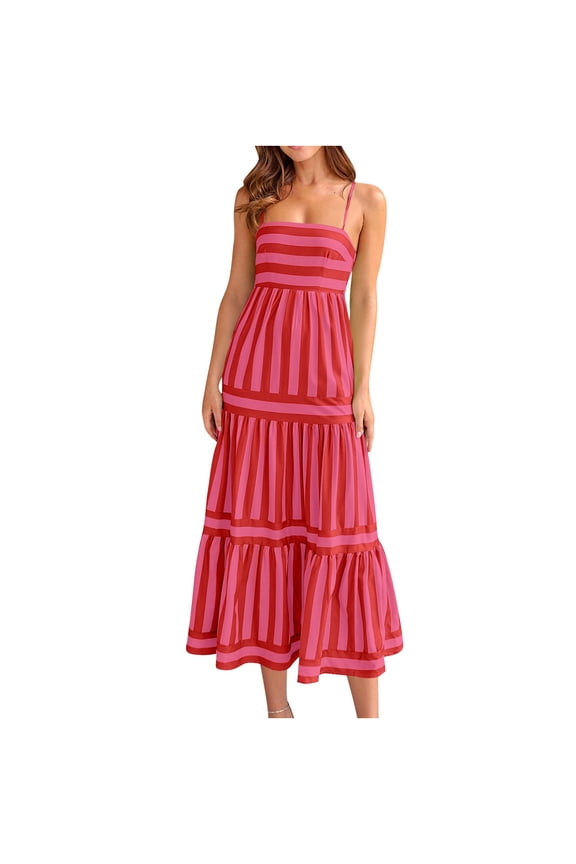 Women Boho Colorful Spaghetti Strap Dress Summer Vacation Beach Long Sun Dress Striped Flowy Cami Maxi Dress Red L