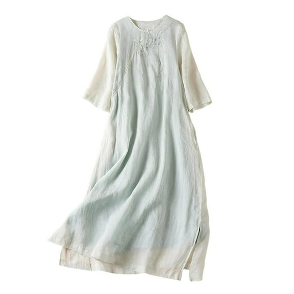 SMihono Women Chinese Cheongsam Cotton Linen A-Line Dress Vintage Floral Embroidered Midi Dresses Summer Half Sleeve Boho Qipao Dress Light Blue XXL
