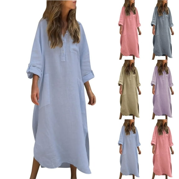 SMihono Women Cotton Linen Shirt Dress Casual Button Up Long Sleeve Slit Loose Shift Dress Beach Flowy Maxi Dress with Pocket Gray XL