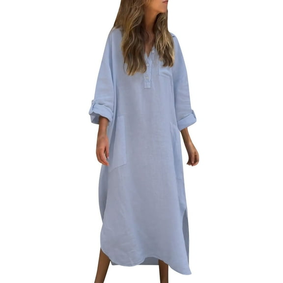 SMihono Women Cotton Linen Shirt Dress Casual Button Up Long Sleeve Slit Loose Shift Dress Beach Flowy Maxi Dress with Pocket Light Blue XL