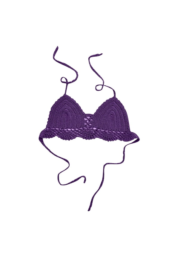 Women Crochet Bikini Halter Bralette Backless Camisole Knit Bra Tops Summer Beachwear Hollow Out Boho Beach Tops Purple M