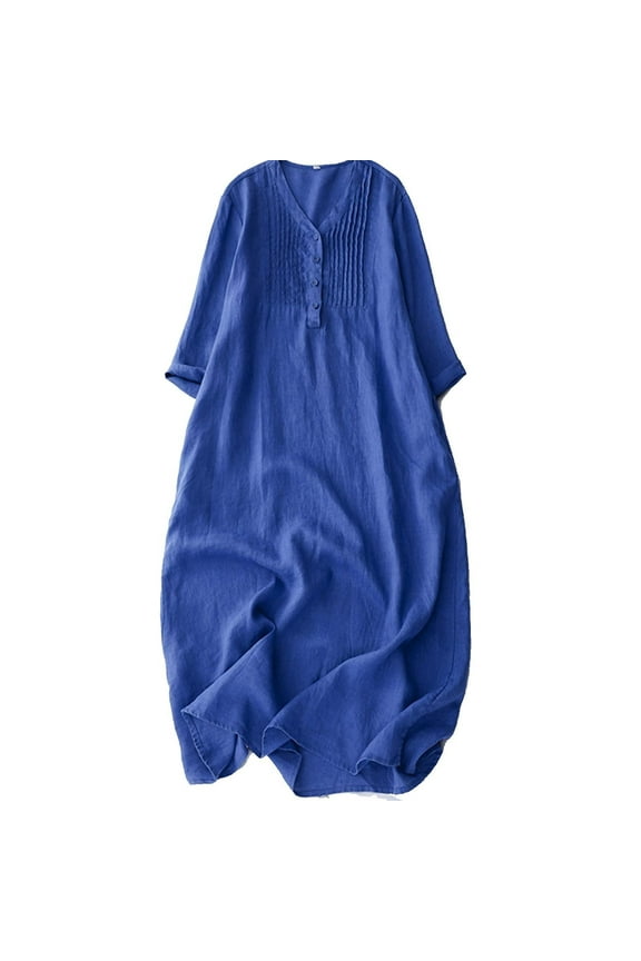 Women Fall Cotton Linen Maxi Dress Casual Long Sleeve Button V Neck Pleated Flowy Beach Shift Dress with Pocket Blue M