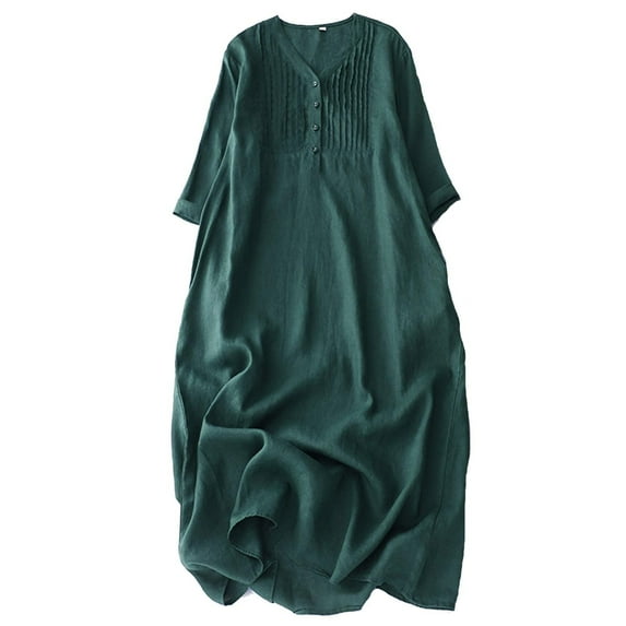 SMihono Women Fall Cotton Linen Maxi Dress Casual Long Sleeve Button V Neck Pleated Flowy Beach Shift Dress with Pocket Green M
