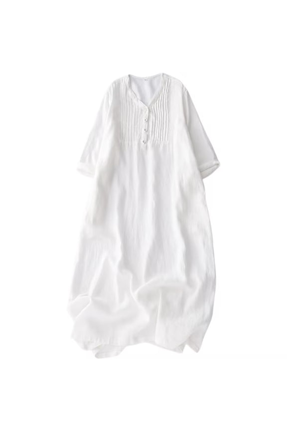 Women Fall Cotton Linen Maxi Dress Casual Long Sleeve Button V Neck Pleated Flowy Beach Shift Dress with Pocket White XL