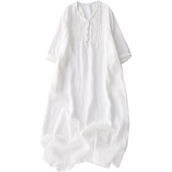SMihono Women Fall Cotton Linen Maxi Dress Casual Long Sleeve Button V Neck Pleated Flowy Beach Shift Dress with Pocket White XL