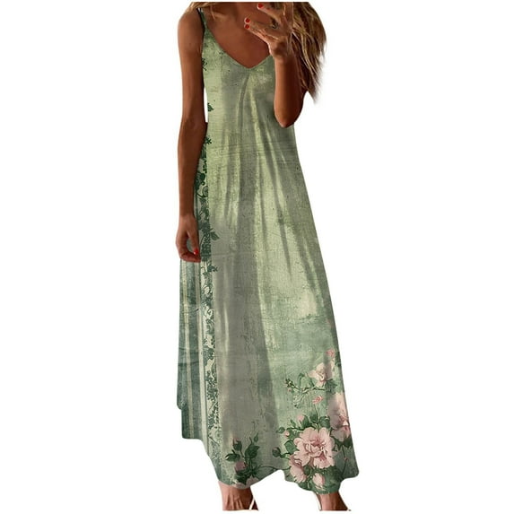 SMihono Women Floral Spaghetti Strap Sundress Casual Summer Long Maxi Dress Vneck Trendy Boho Dresses Trendy Beach Clothes 2024 Green 12