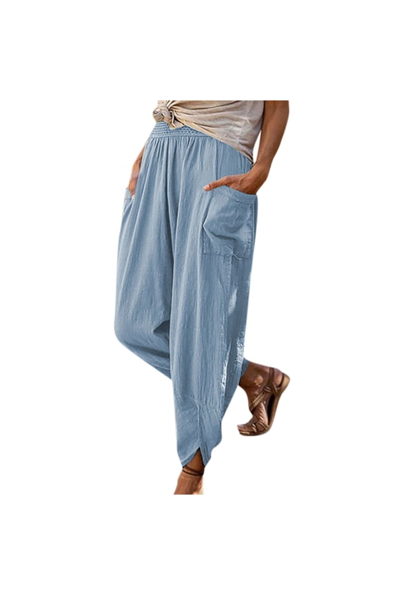 Women High Waist Full Length Long Pants Pants Solid Color Elastic Belt Vintage Stylish Cotton And Linen Double Pockets Versatile Loose Trousers Waist Wide-Leg Pants Blue 14