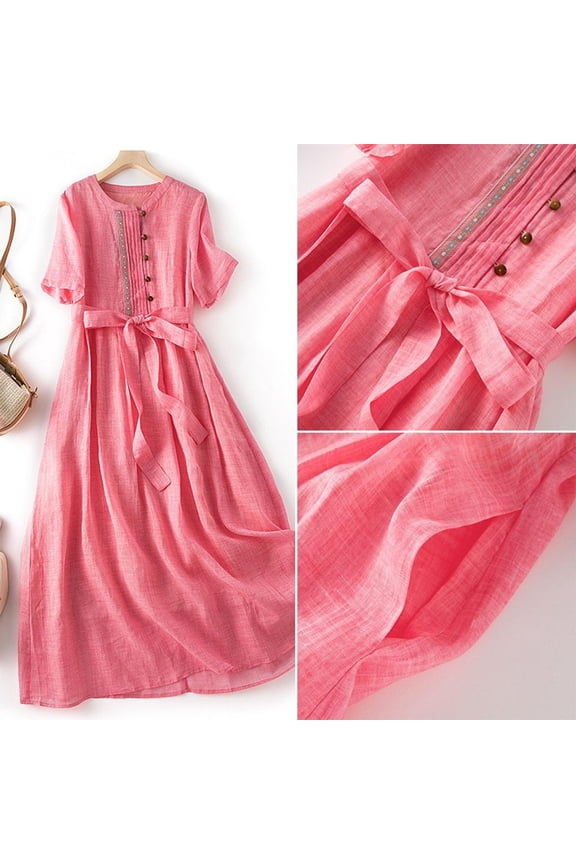 Women Korean Style Dresses Lace-Up Waist-Defined Henley Shirt Midi Dress Summer Half Sleeve Trendy A-Line Dress Pink L