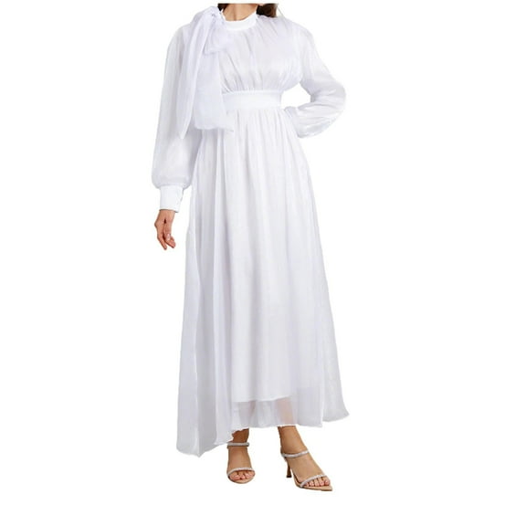 SMihono Women Long Sleeve Tie Neck Wedding Guest Dresses Elegant Pleated A Line Flowy Long Maxi Dresses Self Tie Islamic Evening Gown White L