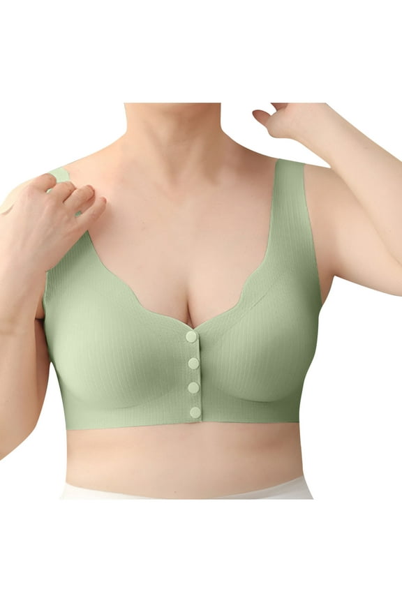 Women Middle and Elderly Underwear Large Size Large Cup Underwear Thin Full Cup Front Button Bra Wireless Bras Green XXXL US(14)
