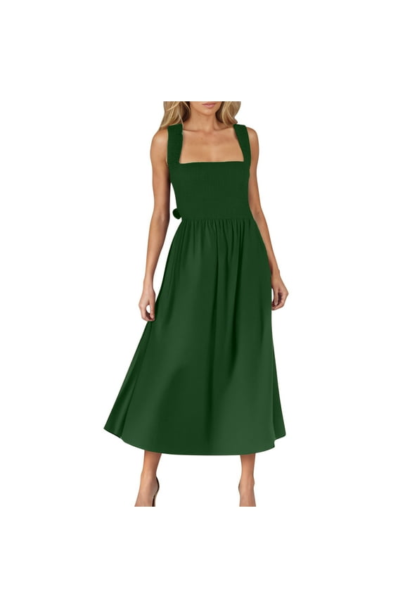 Women Midi Square Neck Dress Summer Sleeveless Low Cut Bodice Smoked High Waist A Line Flowy Swing Dresses Green L