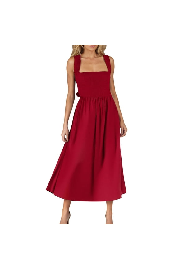 Women Midi Square Neck Dress Summer Sleeveless Low Cut Bodice Smoked High Waist A Line Flowy Swing Dresses Red S