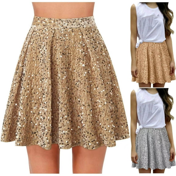 SMihono Women Sequin Mini Skirts Sparkly Flare Skirt High Waisted Elastic Party Skirts Stretchy Pleated Fashion Skirt Gold 8-10