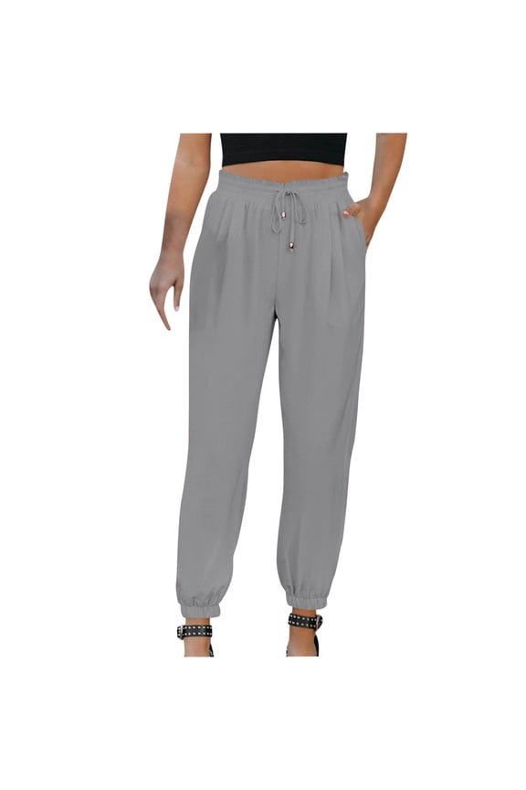 Women Solid Color Cotton And Linen Drawstring Elastic Waist Long Straight Pants 2024 Trendy Summer Autumn Holiday Leggings Yoga Stretch Pants Cargo Trousers Gray 10