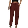 thumbnail image 1 of SMihono Women Solid Color Cotton And Linen Drawstring Elastic Waist Long Straight Pants 2024 Trendy Summer Autumn Holiday Leggings Yoga Stretch Pants Cargo Trousers Wine 6, 1 of 8