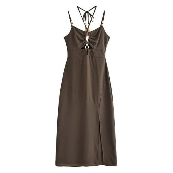SMihono Women Solid Halter Tube Dresses Fashion Backless Front Slit V Neck Female Midi Party Spaghetti Strap Dress Coffee L