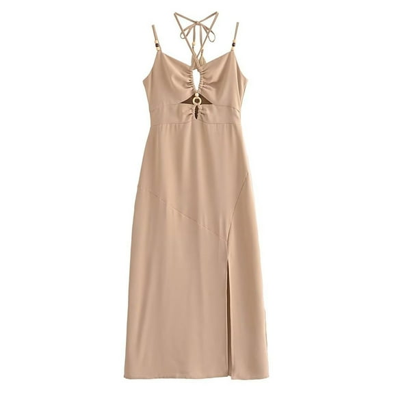 SMihono Women Solid Halter Tube Dresses Fashion Backless Front Slit V Neck Female Midi Party Spaghetti Strap Dress Khaki XS