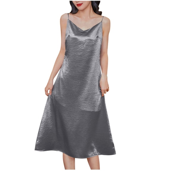 SMihono Women Spaghetti Strap Midi Satin Silk Slip Dress Sexy Cowl Neck Party Cocktail Dresses Sling Backless Mermaid Dress Dark Gray S