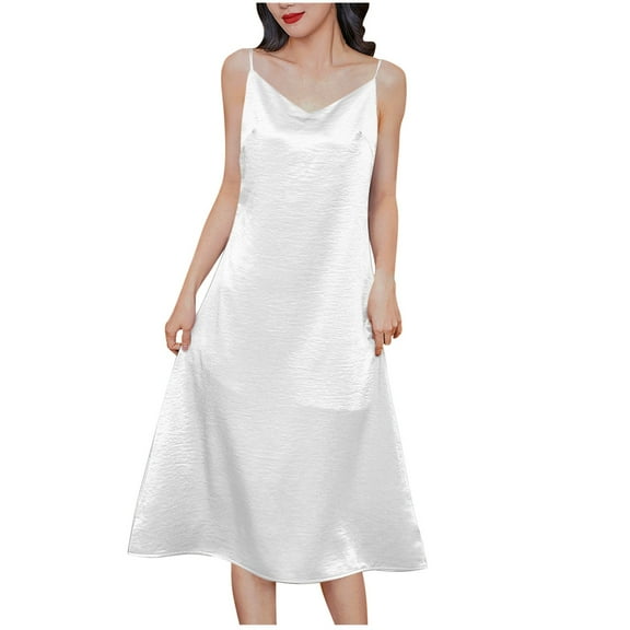 SMihono Women Spaghetti Strap Midi Satin Silk Slip Dress Sexy Cowl Neck Party Cocktail Dresses Sling Backless Mermaid Dress White S