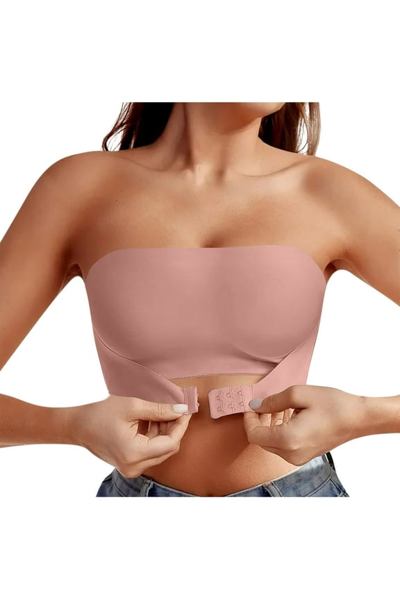 Women Strapless Bra Non-Slip Bandeau Top Supportive Padded Bras Bralette Tube Tops Minimizer Shapewear Pink M