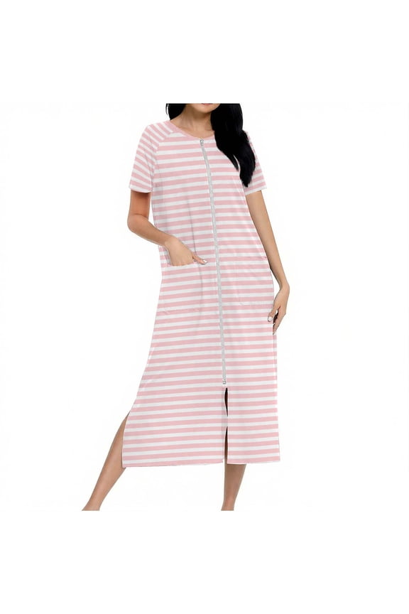 Women Stripe Raglan Sleeve Robe Lightweight House Coat Zipper Front Long Bathrobes Soft Nightgown with Pockets Pink M
