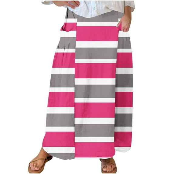 SMihono Women Striped Skirts Elastic Waist Color Block Casual Skirt Loose Flowy Long Skirts Summer Beach Skirt with Pocket Red 8