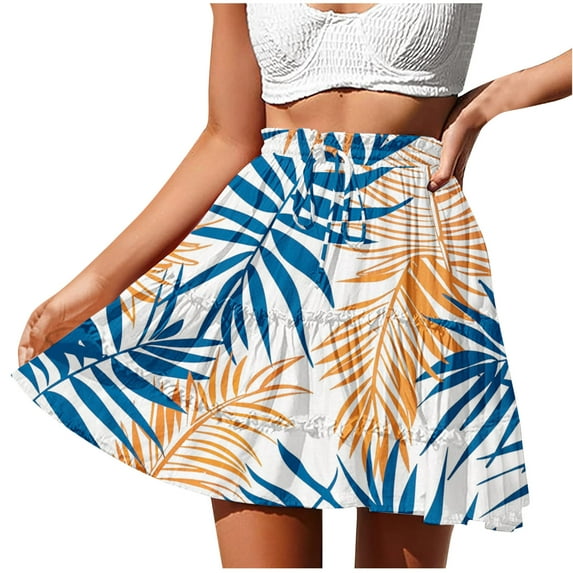 SMihono Women Summer Boho Floral Skirts 2025 Trendy Beach Mini Skirt Elastic Waist Tiered Ruffle Pleated Skirts Blue 10