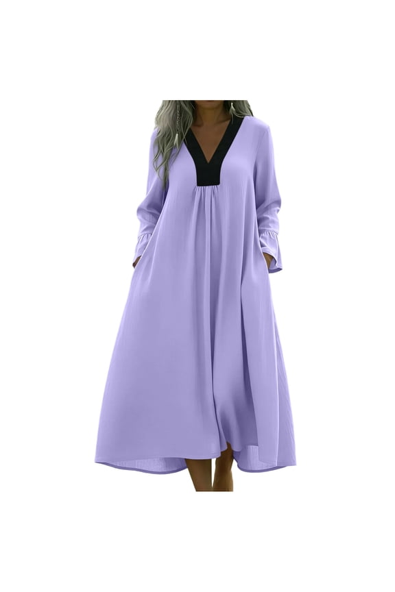 Women Summer Casual Long Sleeve V Neck Dress Pleated Flowy A-Line Linen Beach Dresses with Pockets Going Out Outfits Purple XL