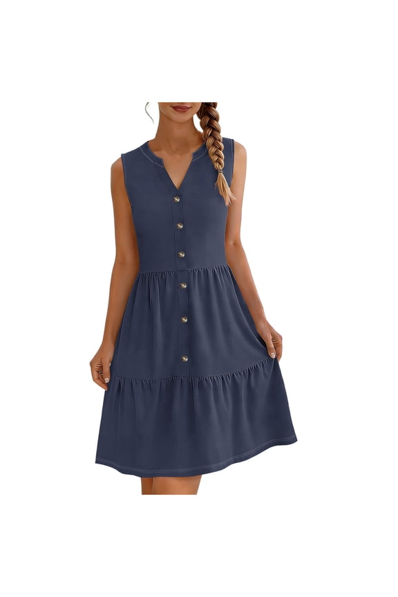 Women Summer Casual Sleeveless Sundress 2026 V Neck Beach Vacation Tiered Dress Button Mini Dresses with Pockets Navy S