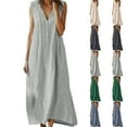 thumbnail image 1 of SMihono Women Summer Cotton Linen Sleeveless Long Dress Casual Button V Neck Beach Flowy Swing Loose Shift Sun Maxi Dresses Green XXXL, 1 of 7