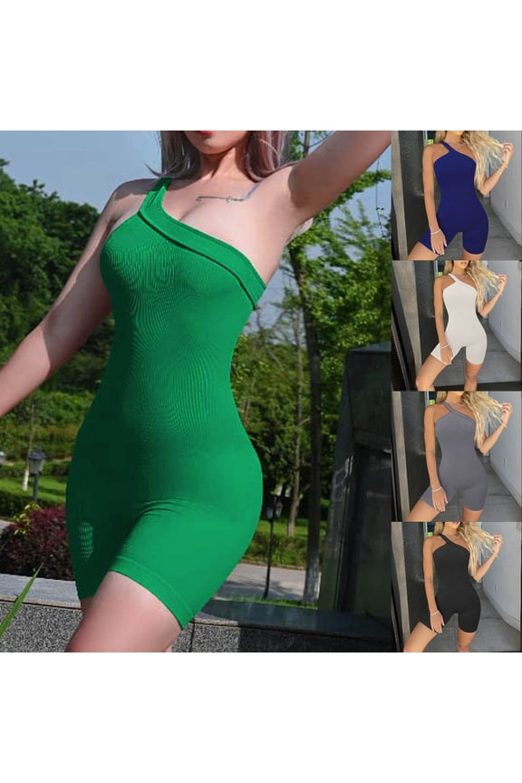 Women Summer Trendy Solid Regular Crew Neck Sleeveless Women Short Sleeves One-piece Garment One Shoulder Slim Fitness Tight Skinny Workout Yoga Bodysuit White 8