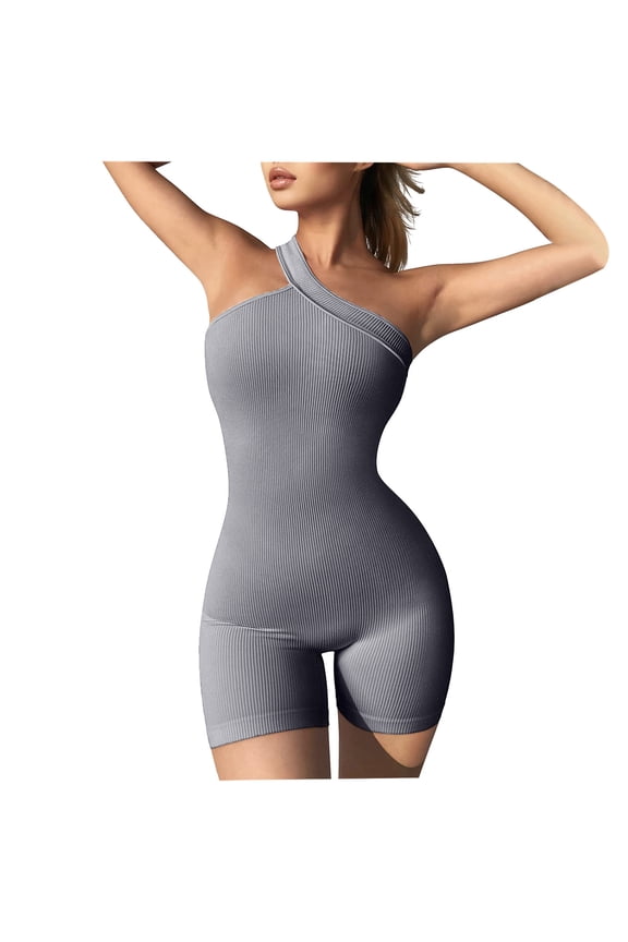 Women Summer Trendy Solid Regular Crew Neck Sleeveless Women Short Sleeves One-piece Garment One Shoulder Slim Fitness Tight Skinny Workout Yoga Bodysuit Gray 8