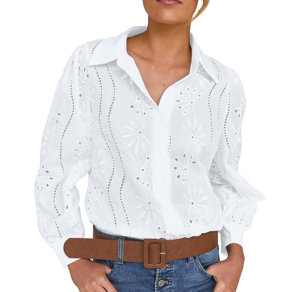 SMihono Women Tops Dressy Casual Long Sleeve Button Down V Neck Collared Shirts Eyelet Embroidered Hollow Out Work Blouses White S