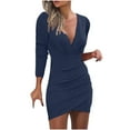 thumbnail image 1 of SMihono Women Trendy Plunge Ruched Long Sleeve Bodycon Dress V Neck Surplice Wrap Slim Mini Party Dress Bodycon Mini Dress Blue 6, 1 of 6